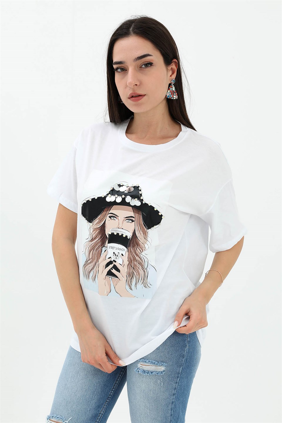 Bisiklet Yaka Kovboy Şapkalı Süprem T-shirt - Beyaz
