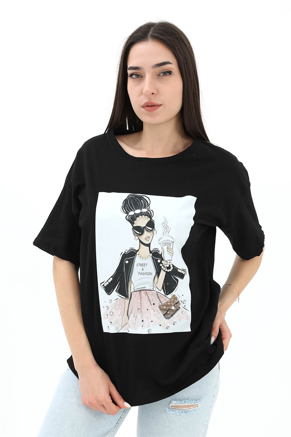 Bisiklet Yaka Taş Detaylı Süprem T-shirt - Siyah