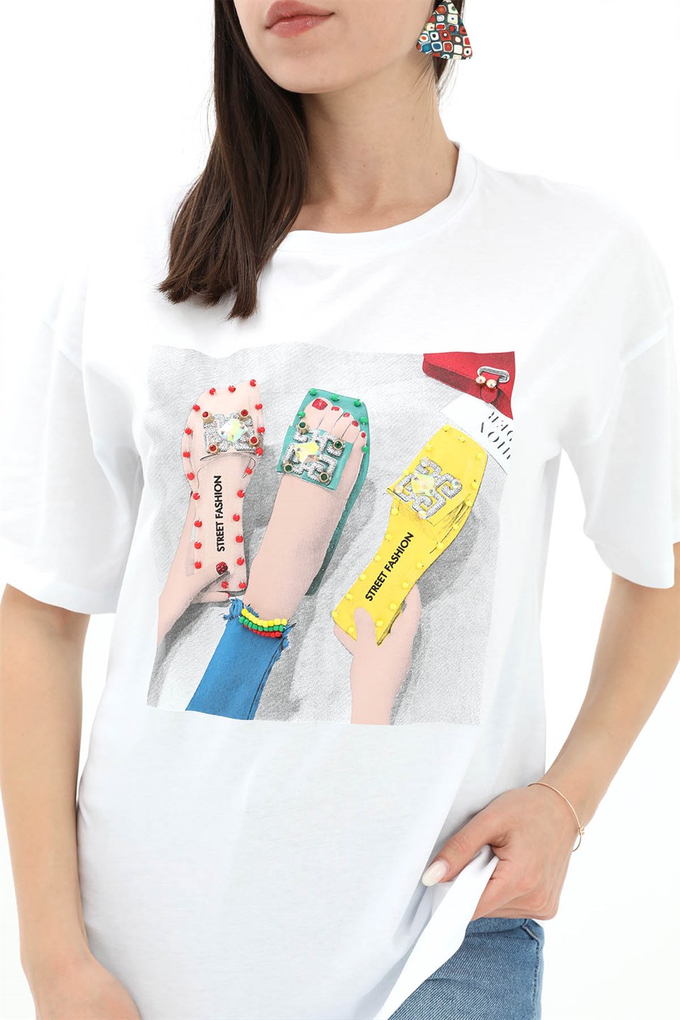 Bisiklet Yaka Terlik Baskılı T-shirt - Beyaz