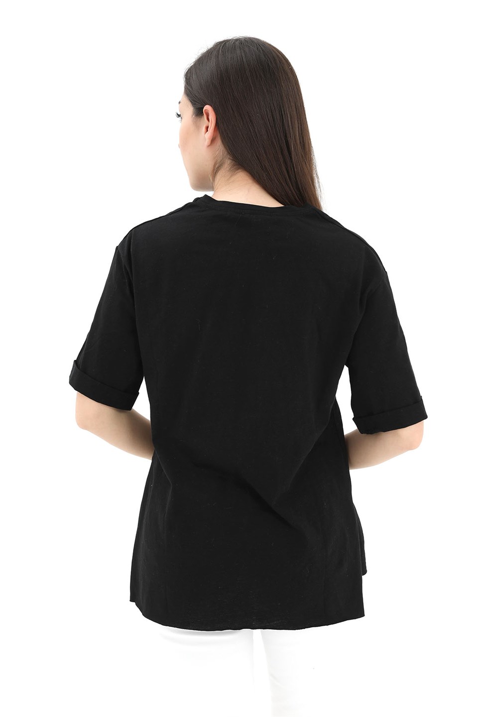 Bisiklet Yaka Yüz Basklı T-Shirt - Siyah