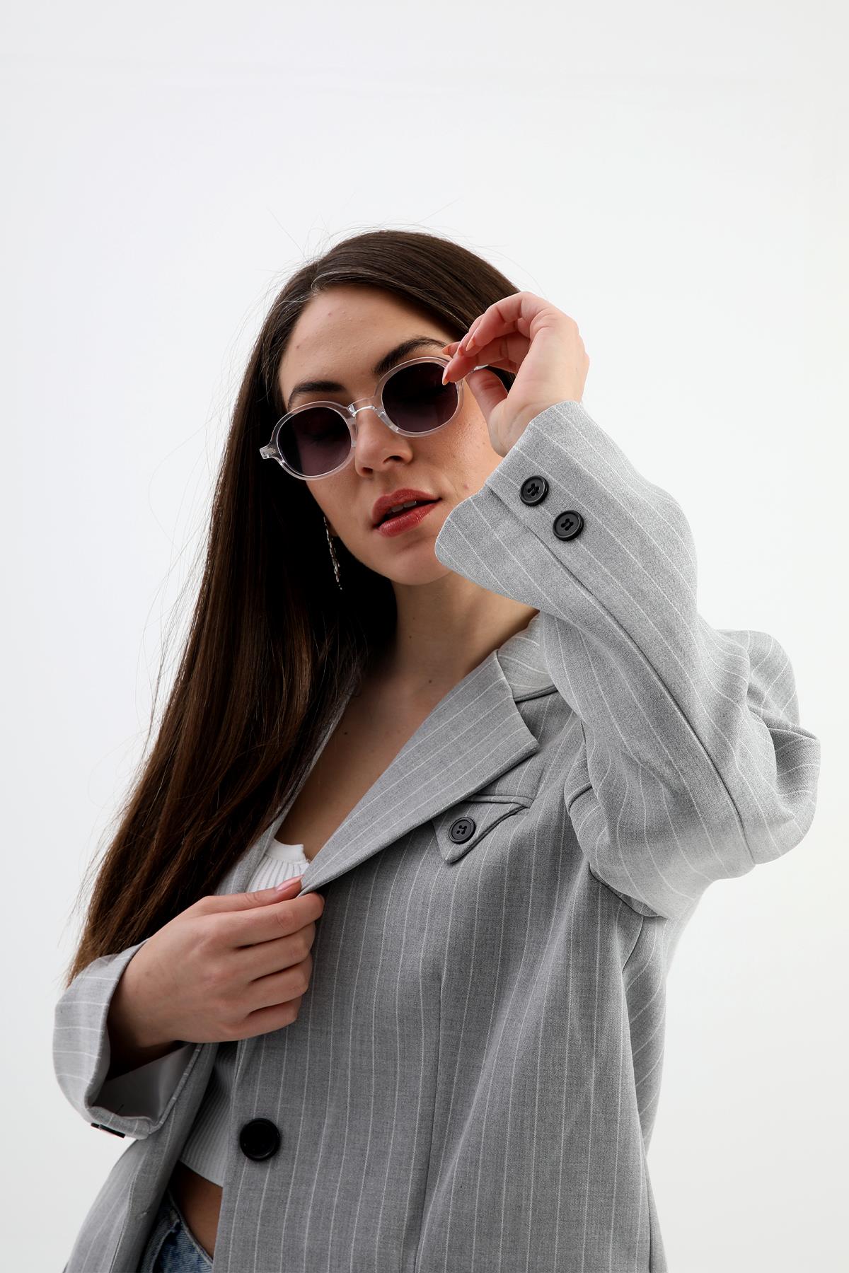 Blazer Ceket Çizgili Atlas Kumaş - Gri