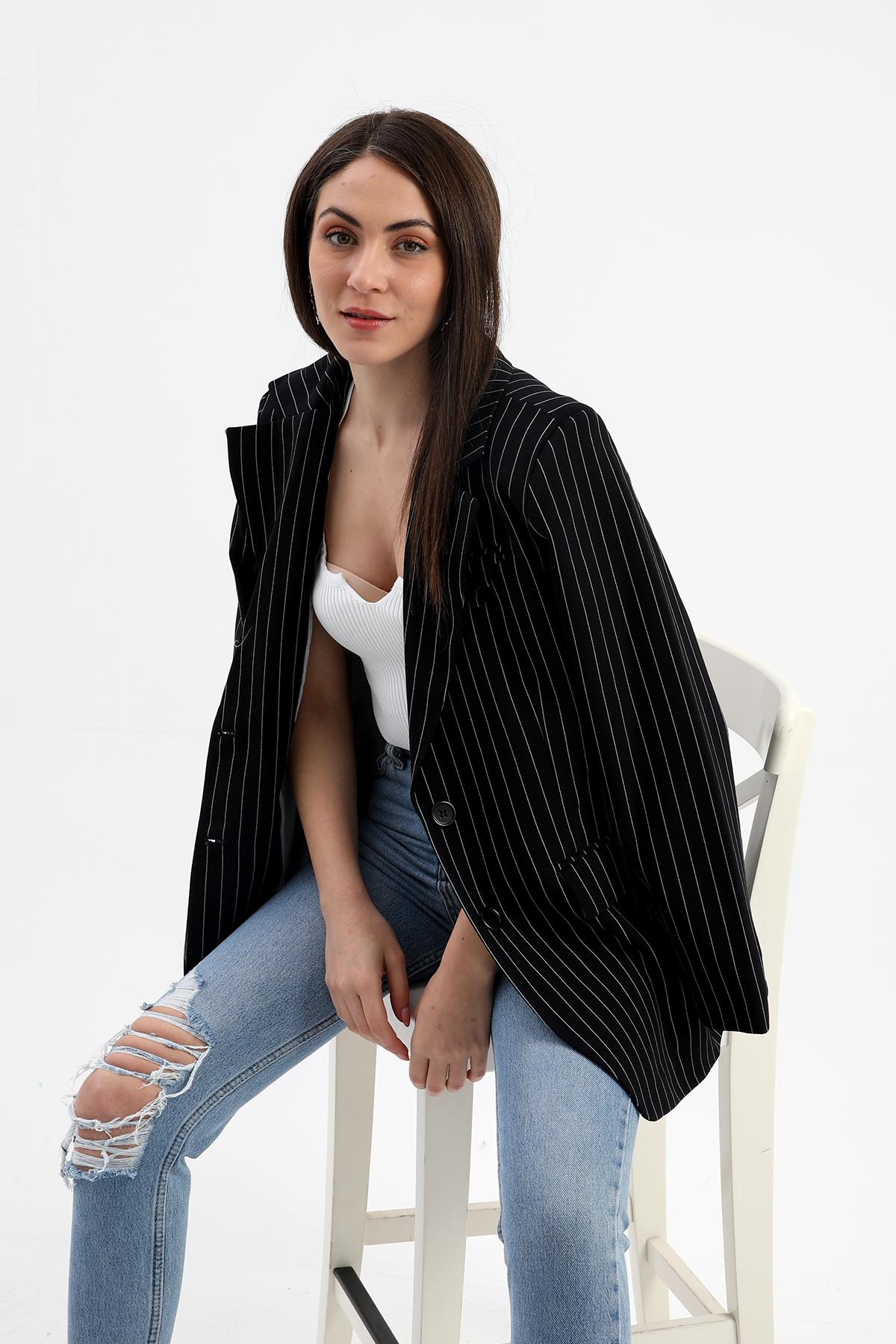 Blazer Ceket Çizgili Atlas Kumaş - Siyah