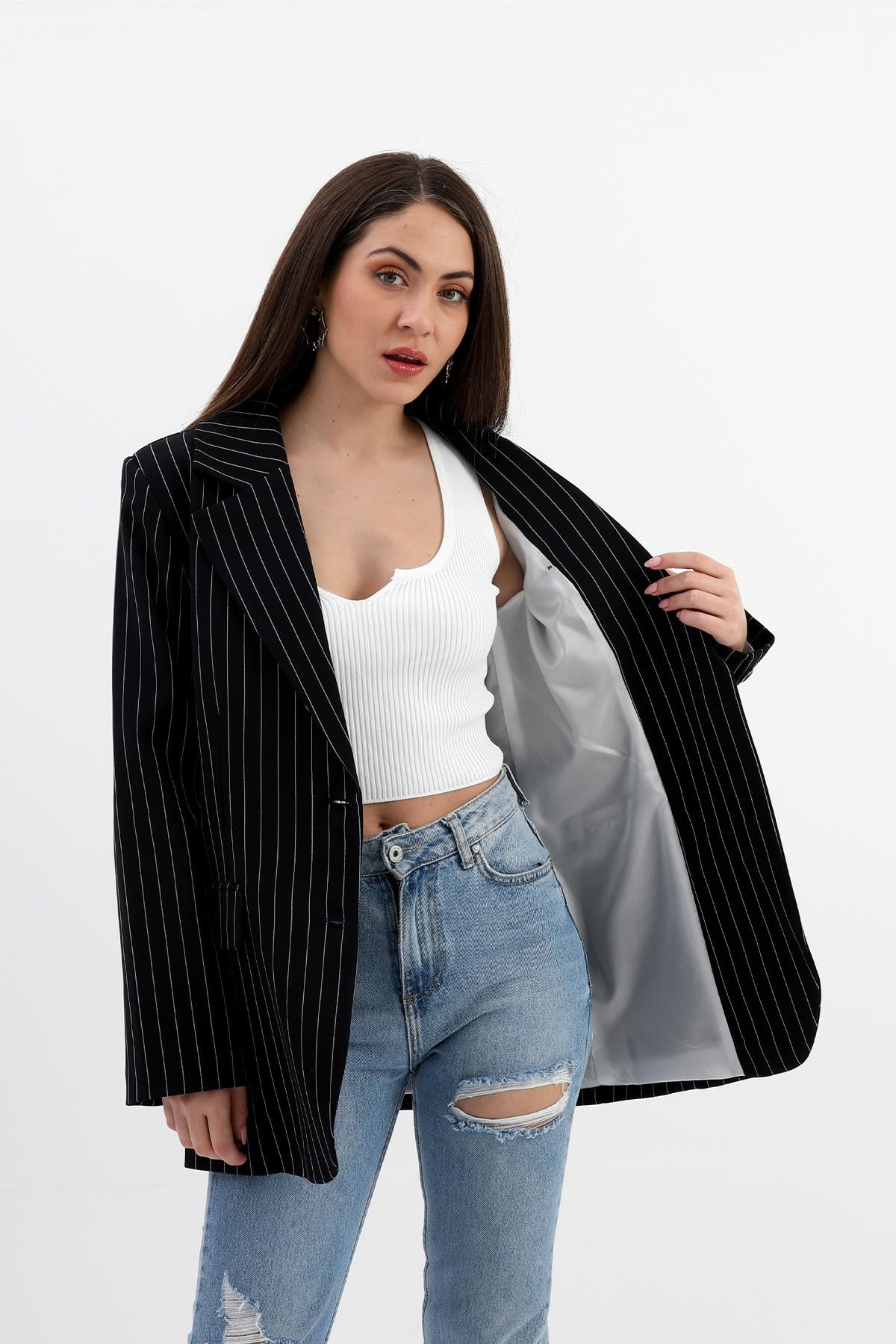 Blazer Ceket Çizgili Atlas Kumaş - Siyah