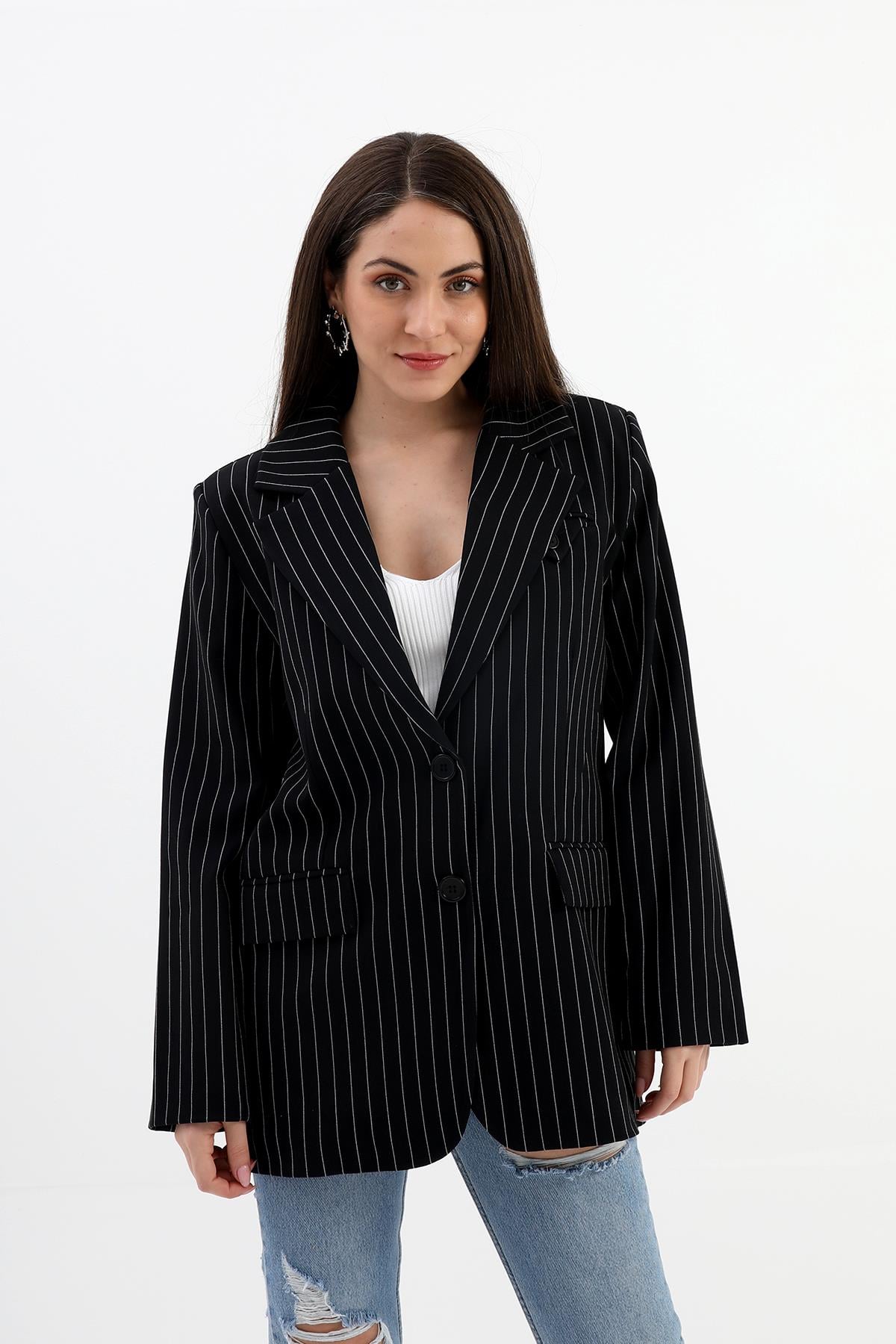 Blazer Ceket Çizgili Atlas Kumaş - Siyah