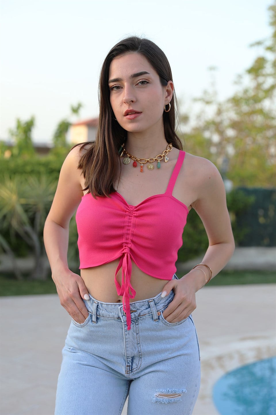 Büzgülü Triko Atlet - Fuşya