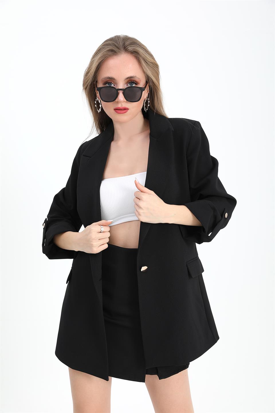 Ceket Kolu Katlamalı Atlas Kumaş - Siyah