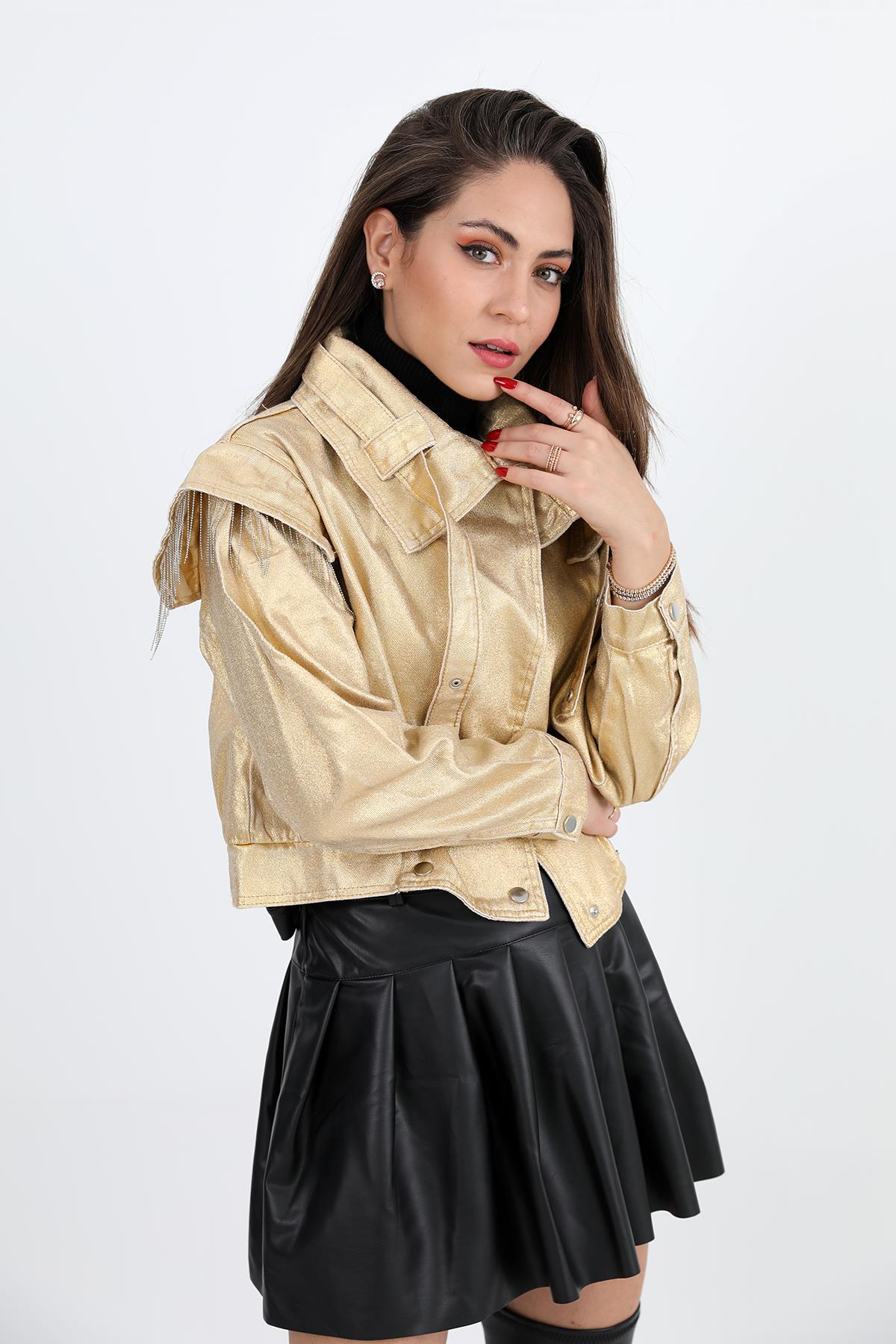Ceket Omuzları Zincir Detaylı Kısa Simli - Gold