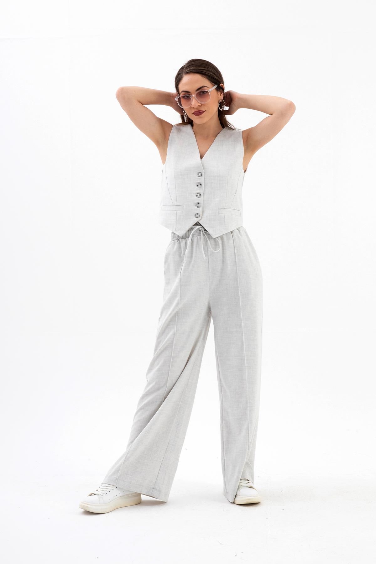 Cepleri Pensli Düğmeli Poliviskon Yelek - Gri