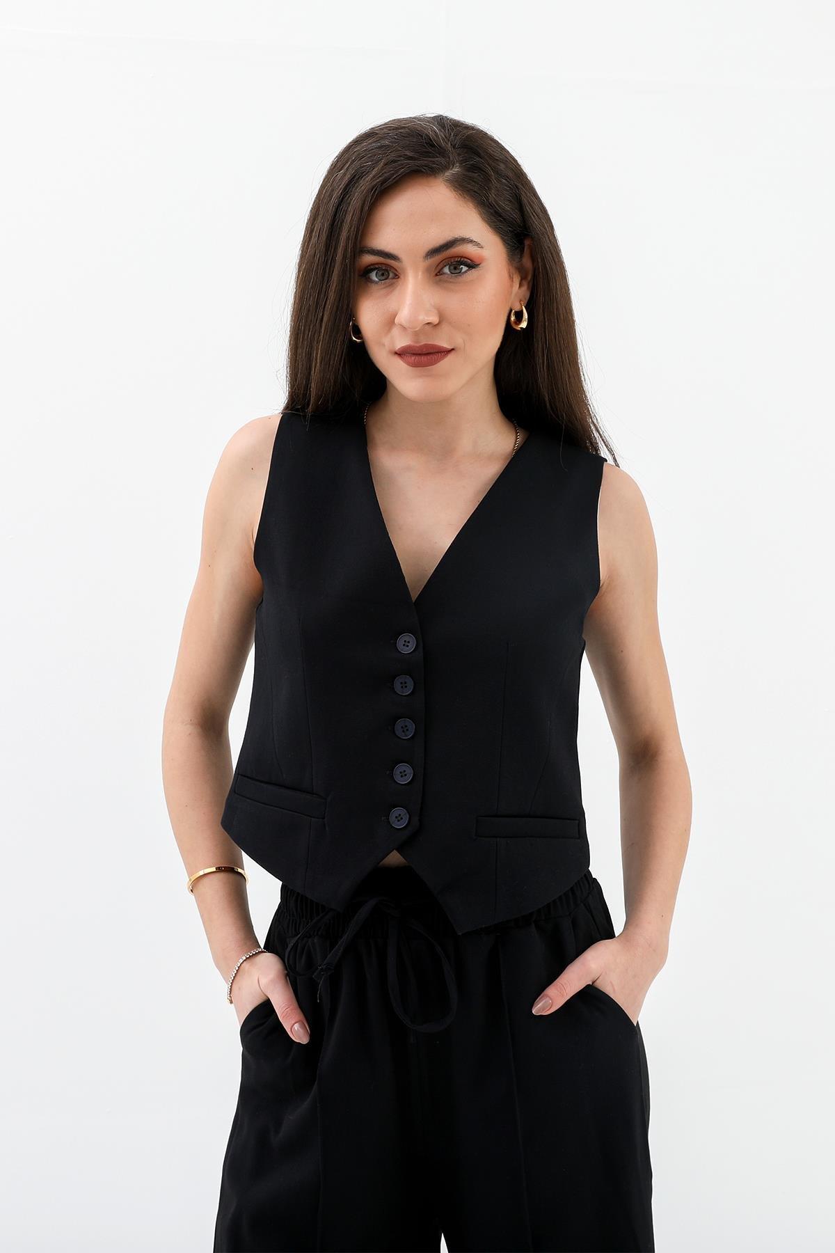 Cepleri Pensli Düğmeli Poliviskon Yelek - Lacivert