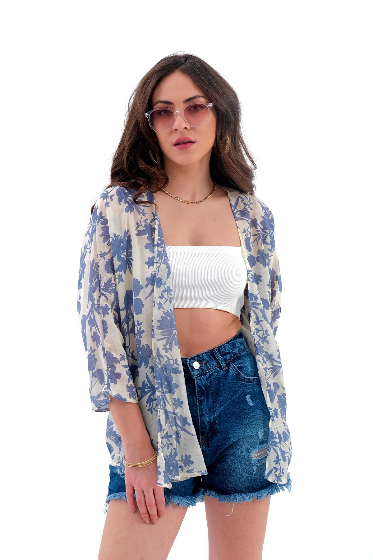 Çiçek Desenli Truvakar Kol Kimono - Mavi