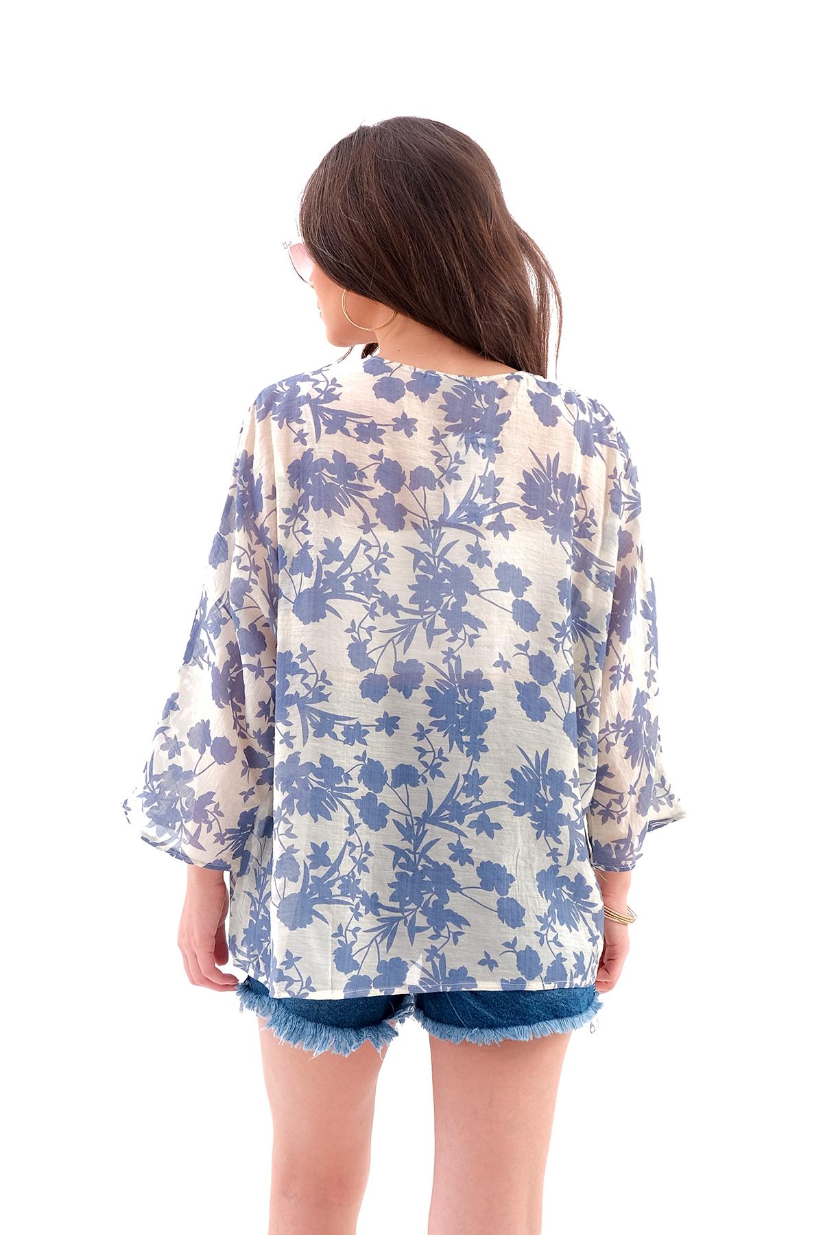 Çiçek Desenli Truvakar Kol Kimono - Mavi