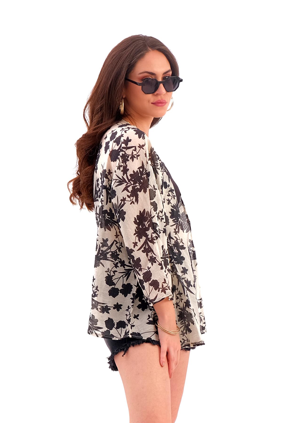 Çiçek Desenli Truvakar Kol Kimono - Siyah