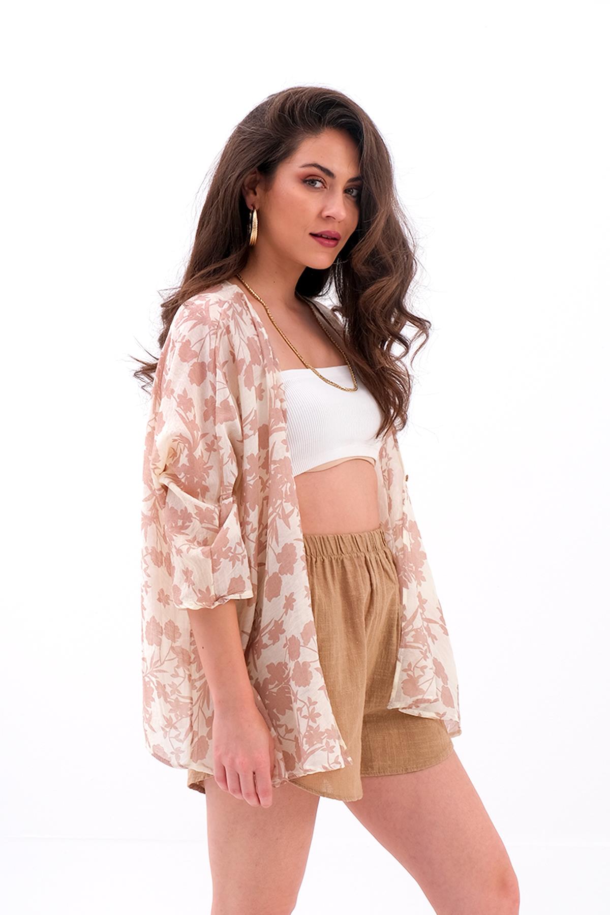 Çiçek Desenli Truvakar Kol Kimono - Vizon