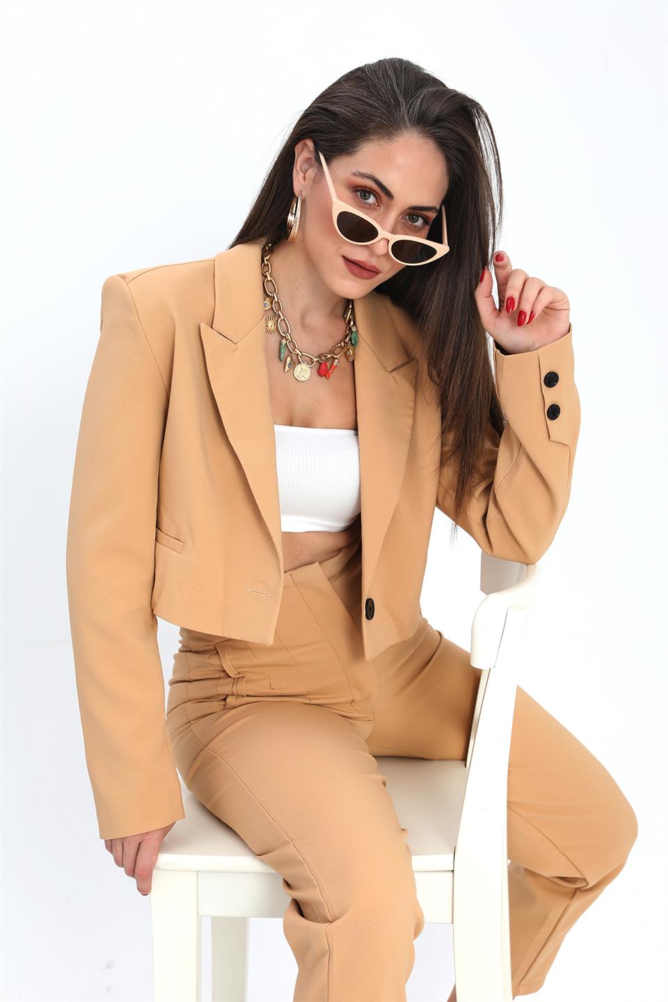 Çift Peto Cepli Kısa Crop Blazer Ceket - Camel