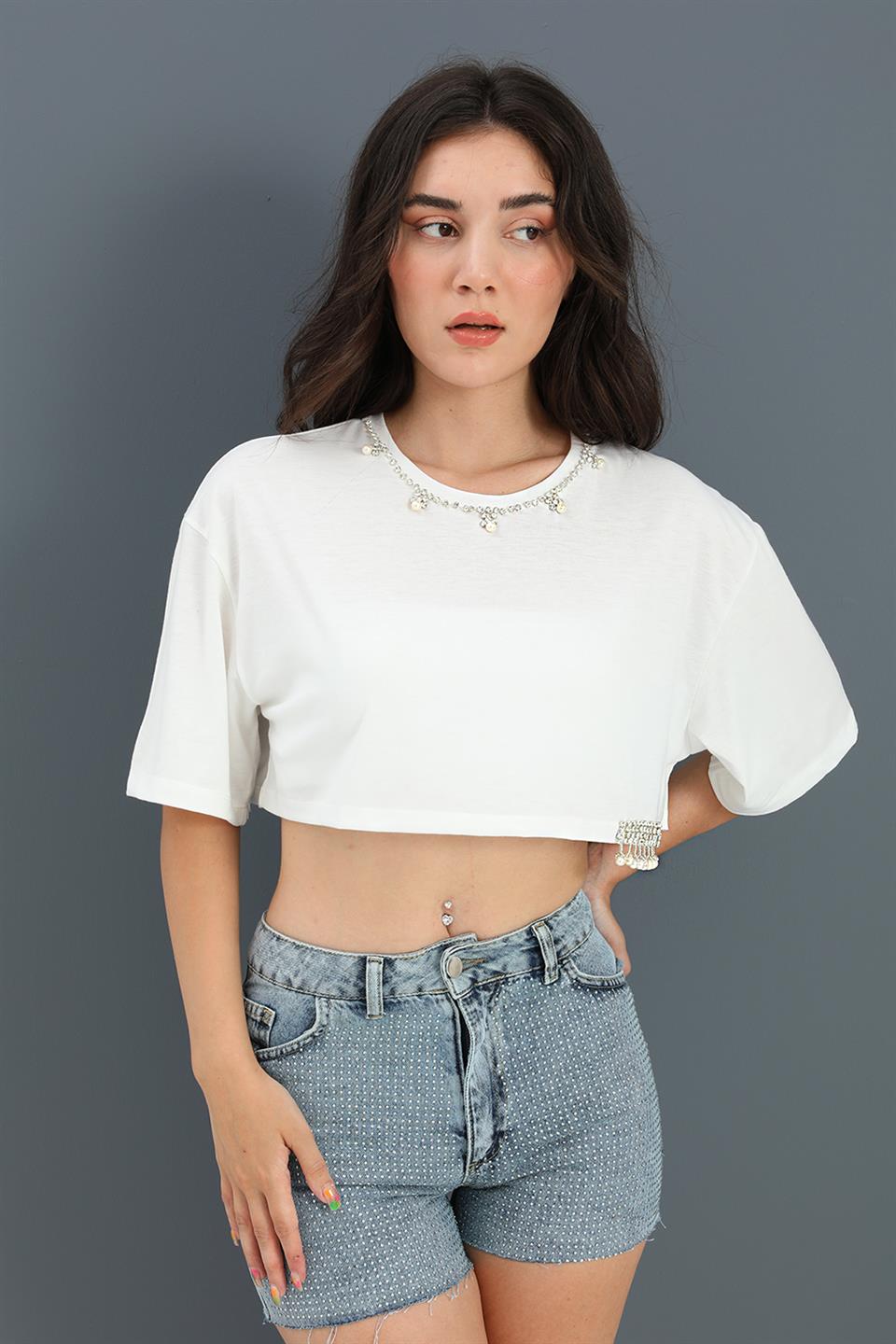 Crop Bisiklet Yaka İnci Detaylı - Beyaz
