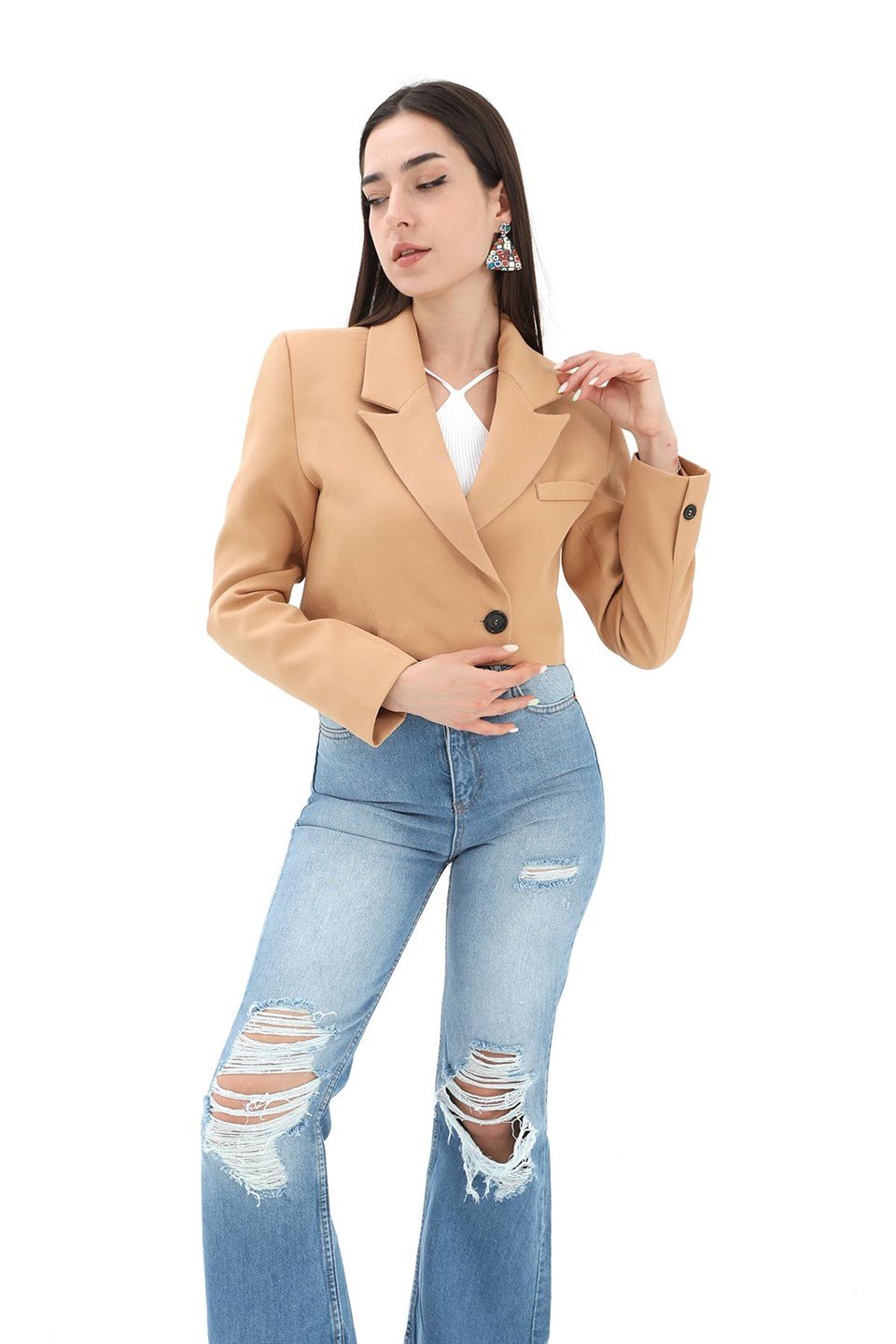Crop Blazer Kısa Ceket - Camel