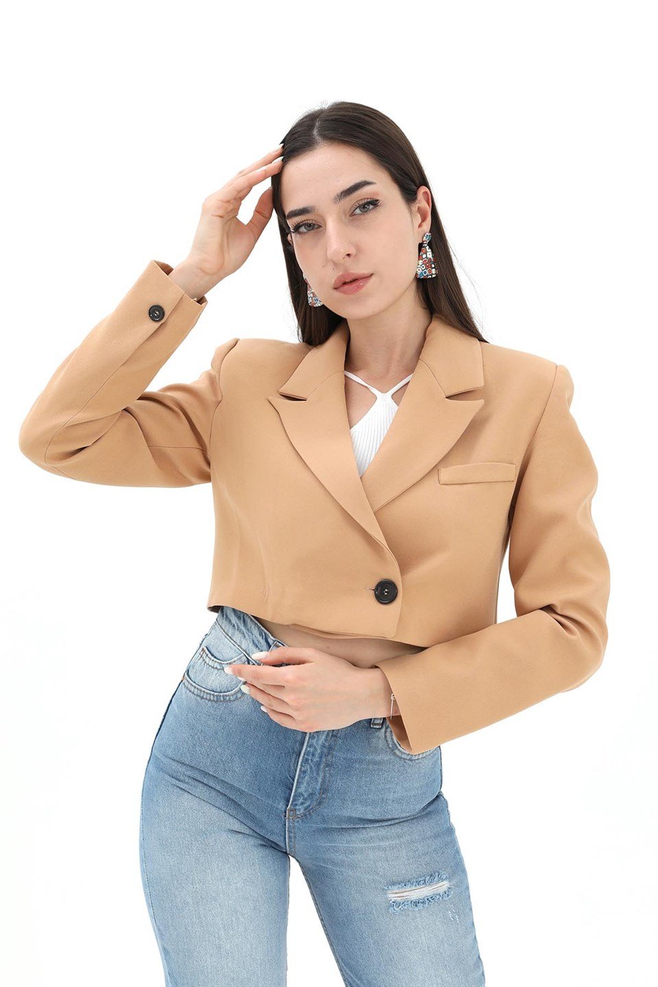 Crop Blazer Kısa Ceket - Camel