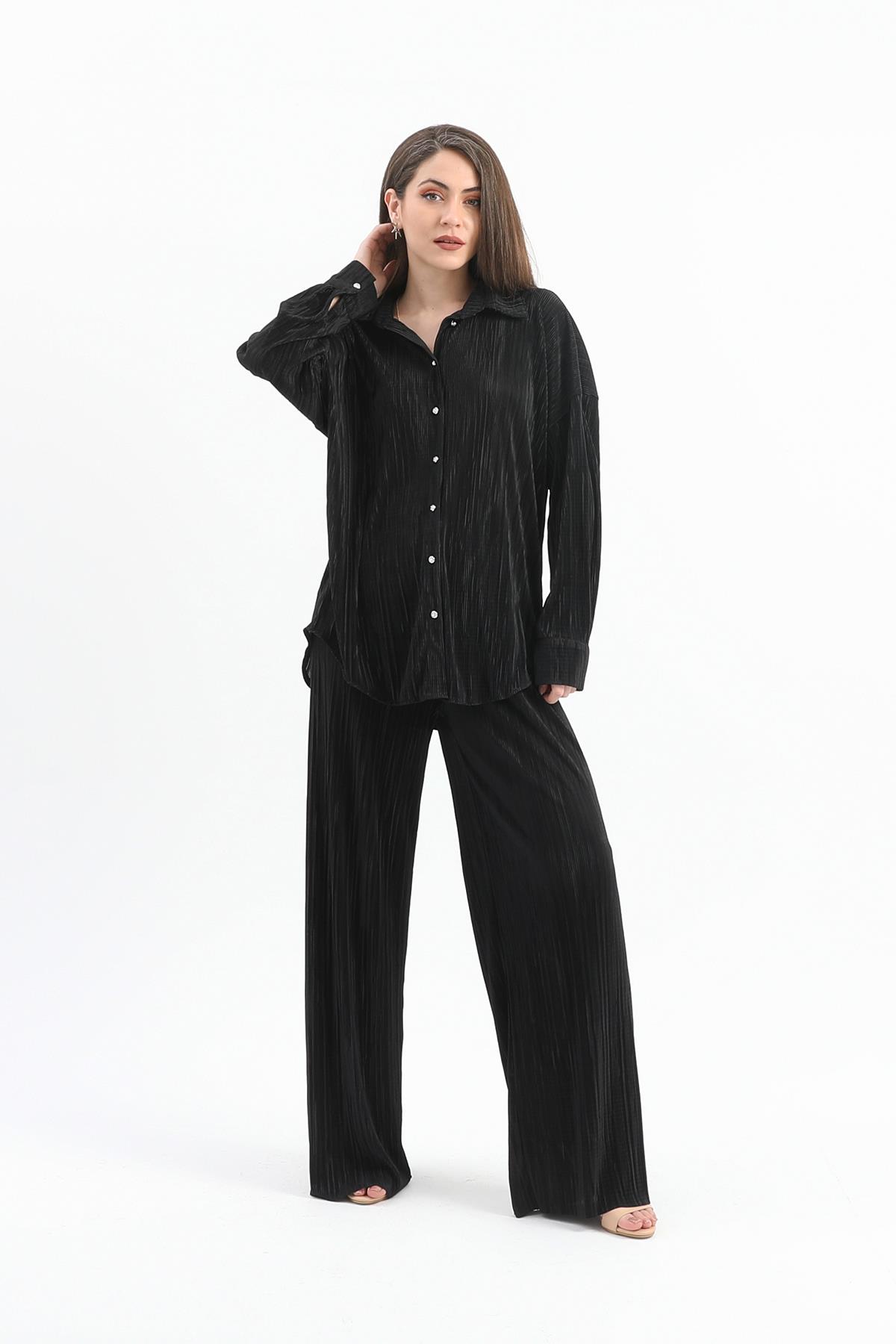 Düğme Detaylı Örme Pilise Takım - Siyah