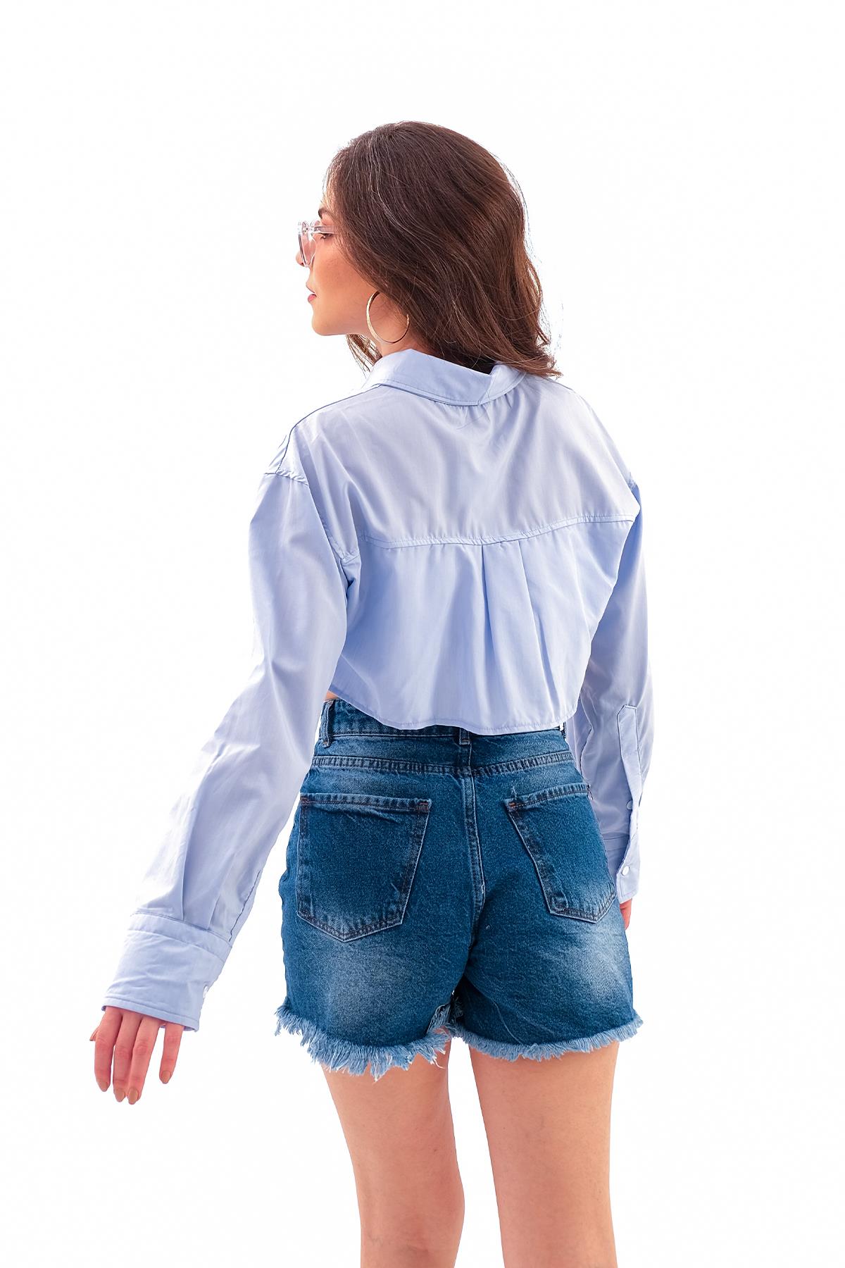 Etek Ucu Lastikli Kısa Poplin Gömlek - Mavi