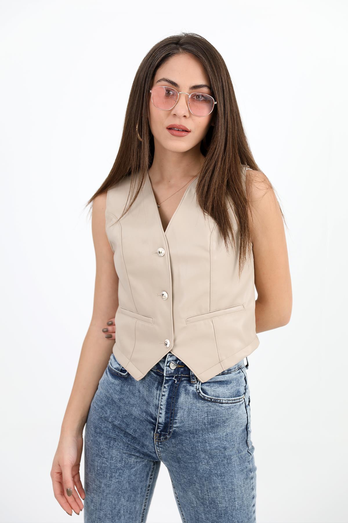 Fleto Cepli Deri Yelek - Taş