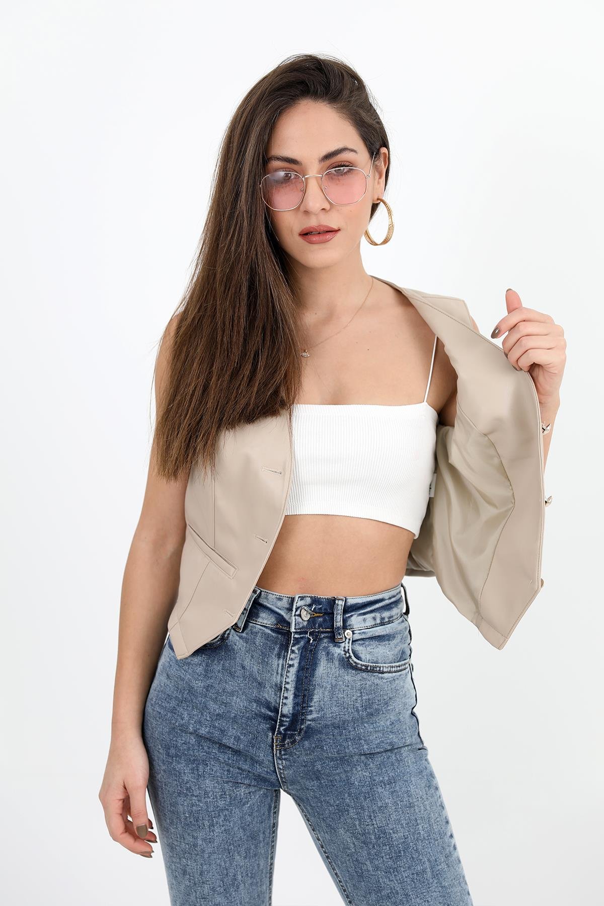 Fleto Cepli Deri Yelek - Taş