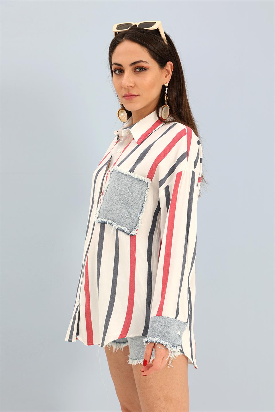 Gömlek Keten Garnili Çizgili Kot - Lacivert