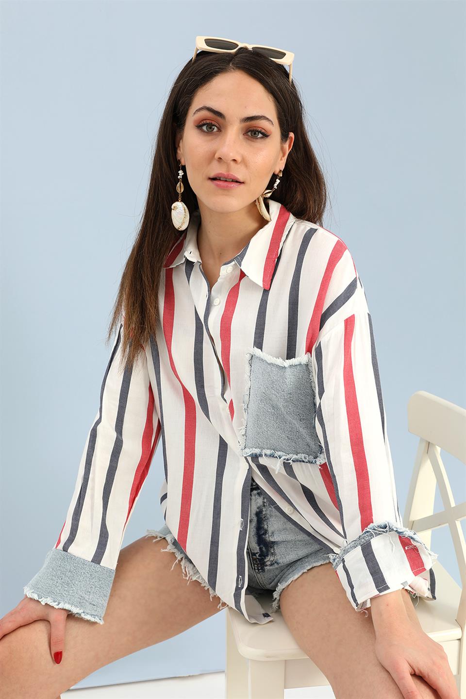 Gömlek Keten Garnili Çizgili Kot - Lacivert