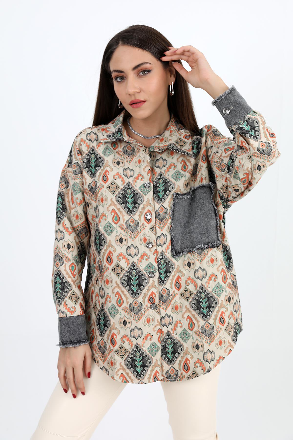 Gömlek Kot Garnili Baskılı Jakar Kapitone - Yeşil