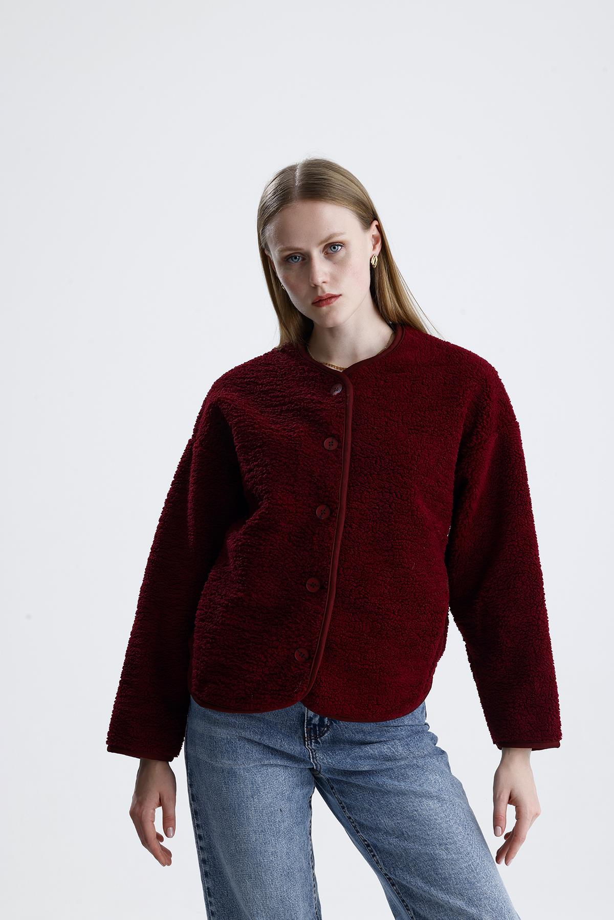İçi Polarlı Düğmeli Peluş Ceket - Bordo