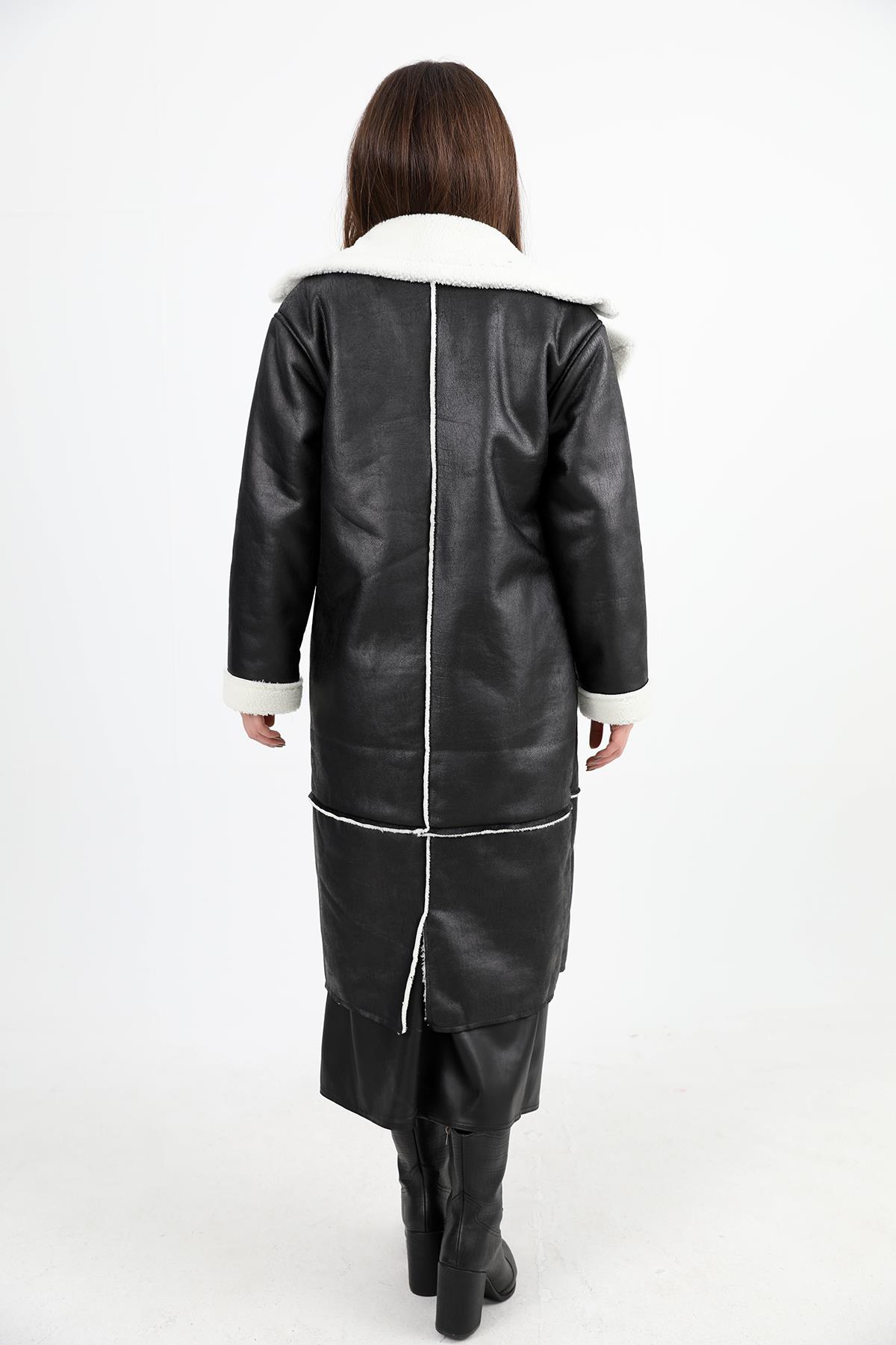 Kaban Kruvaze Yaka İçi Peluş Cepli Süet Uzun - Siyah-Ekru