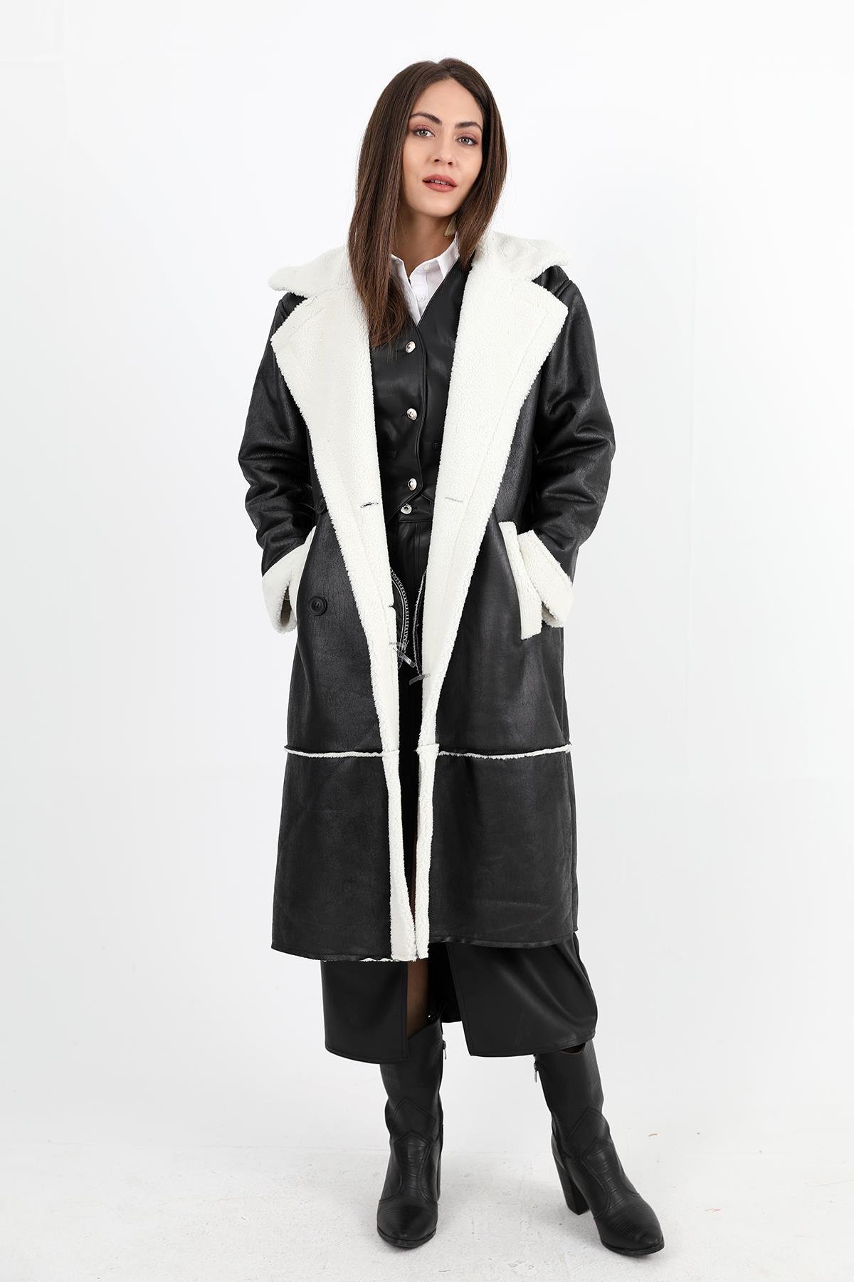 Kaban Kruvaze Yaka İçi Peluş Cepli Süet Uzun - Siyah-Ekru