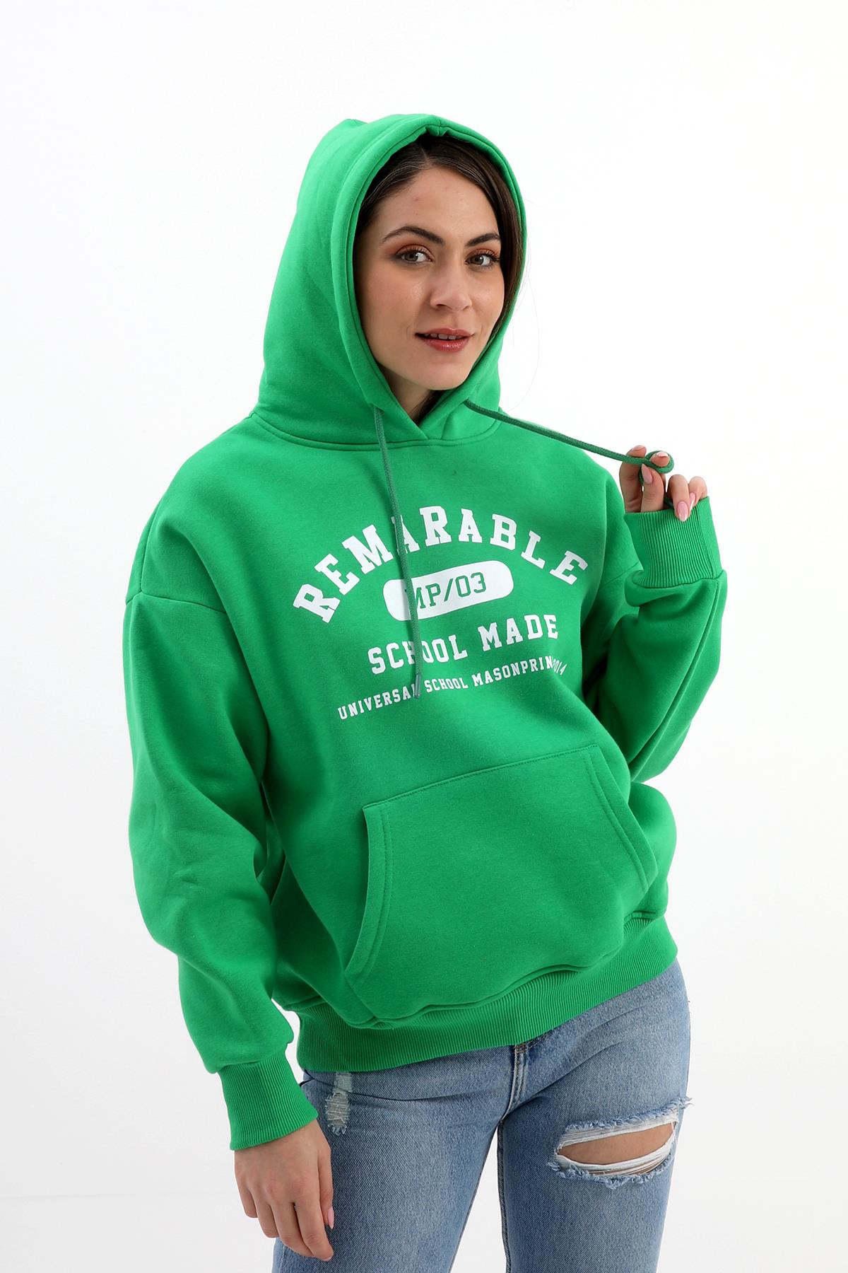 Kapüşonlu School Baskılı Üç İplik Sweat - Zümrüt