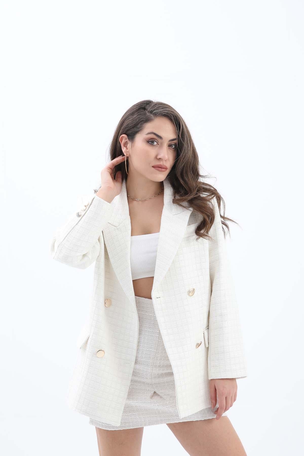 Kare Desen Kruvaze Yaka Ceket - Ekru