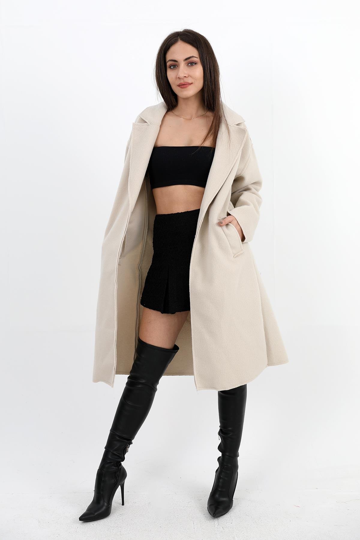 Kaşe Kaban Kruvaze Yaka Kolu Arma Detaylı - Taş