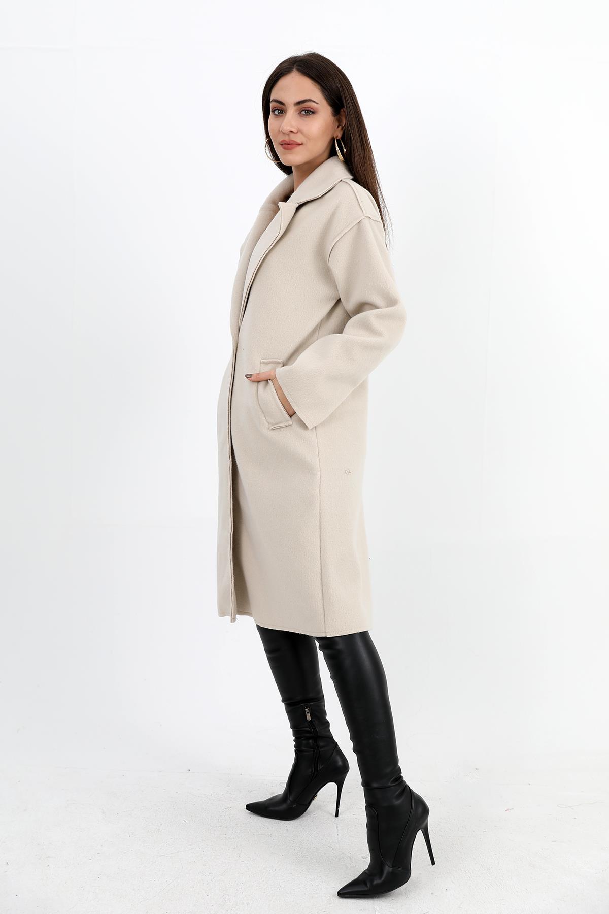 Kaşe Kaban Kruvaze Yaka Kolu Arma Detaylı - Taş