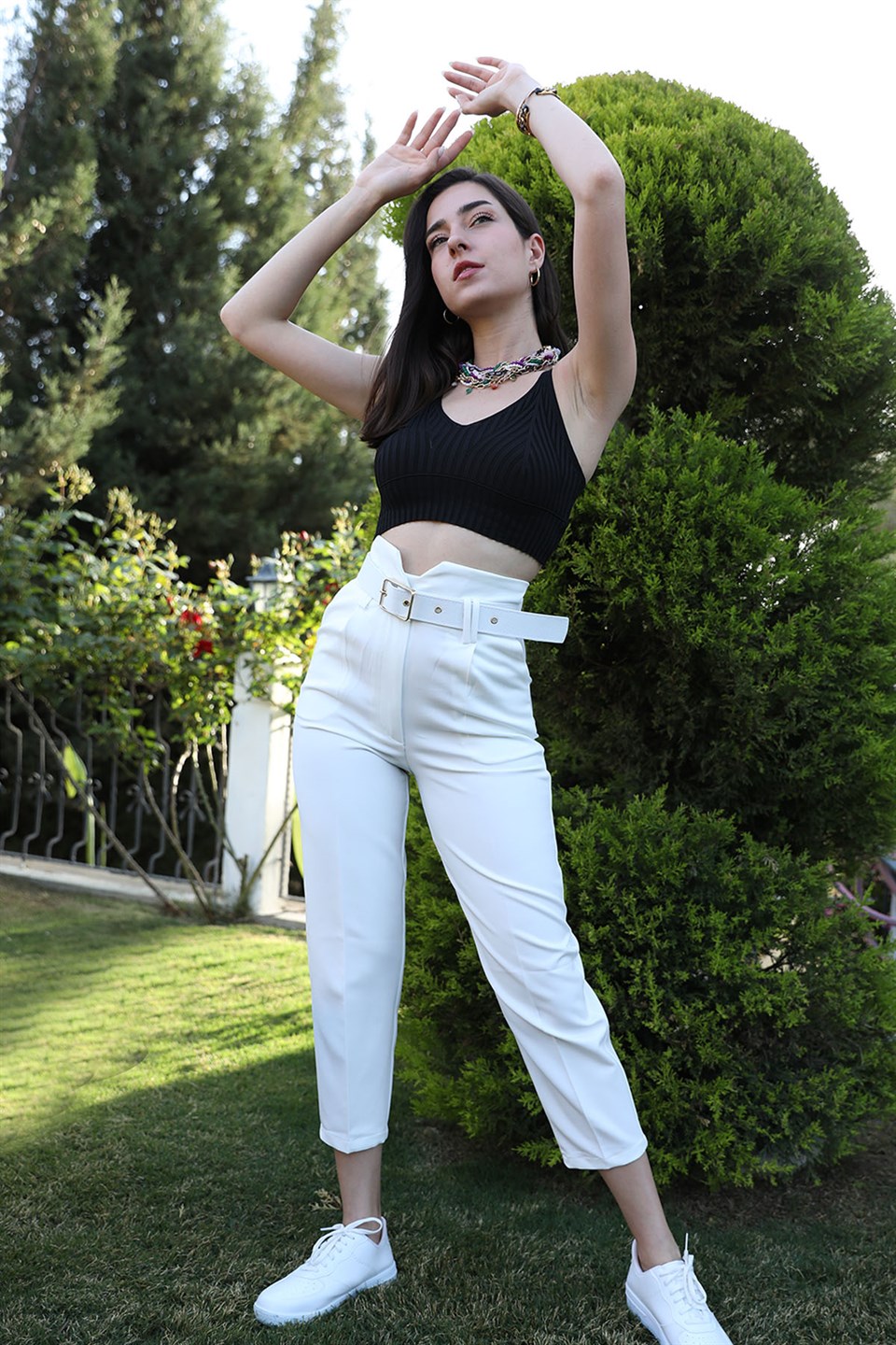 Kemerli Atlas Kumaş Pantolon - Ekru