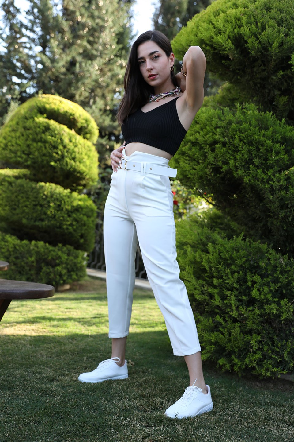 Kemerli Atlas Kumaş Pantolon - Ekru