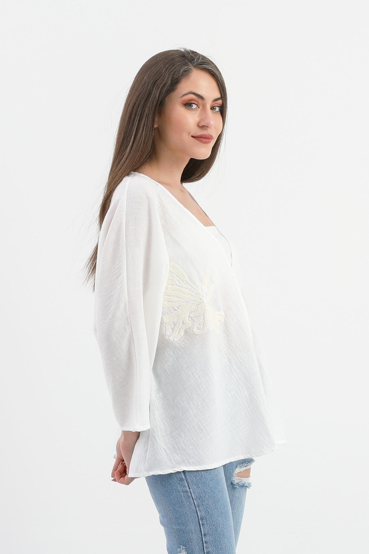 Keten Pul Payet Süzene Nakışlı Kimono - Ekru