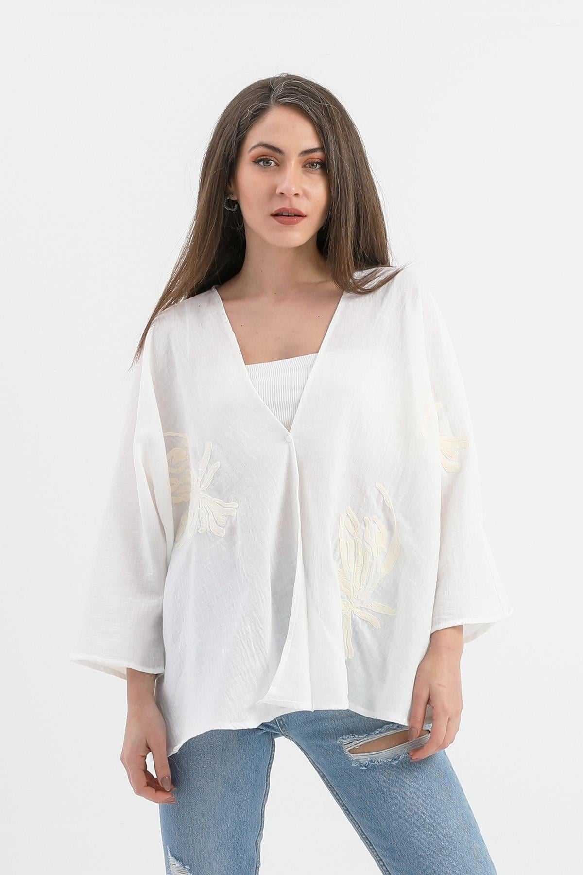 Keten Pul Payet Süzene Nakışlı Kimono - Ekru