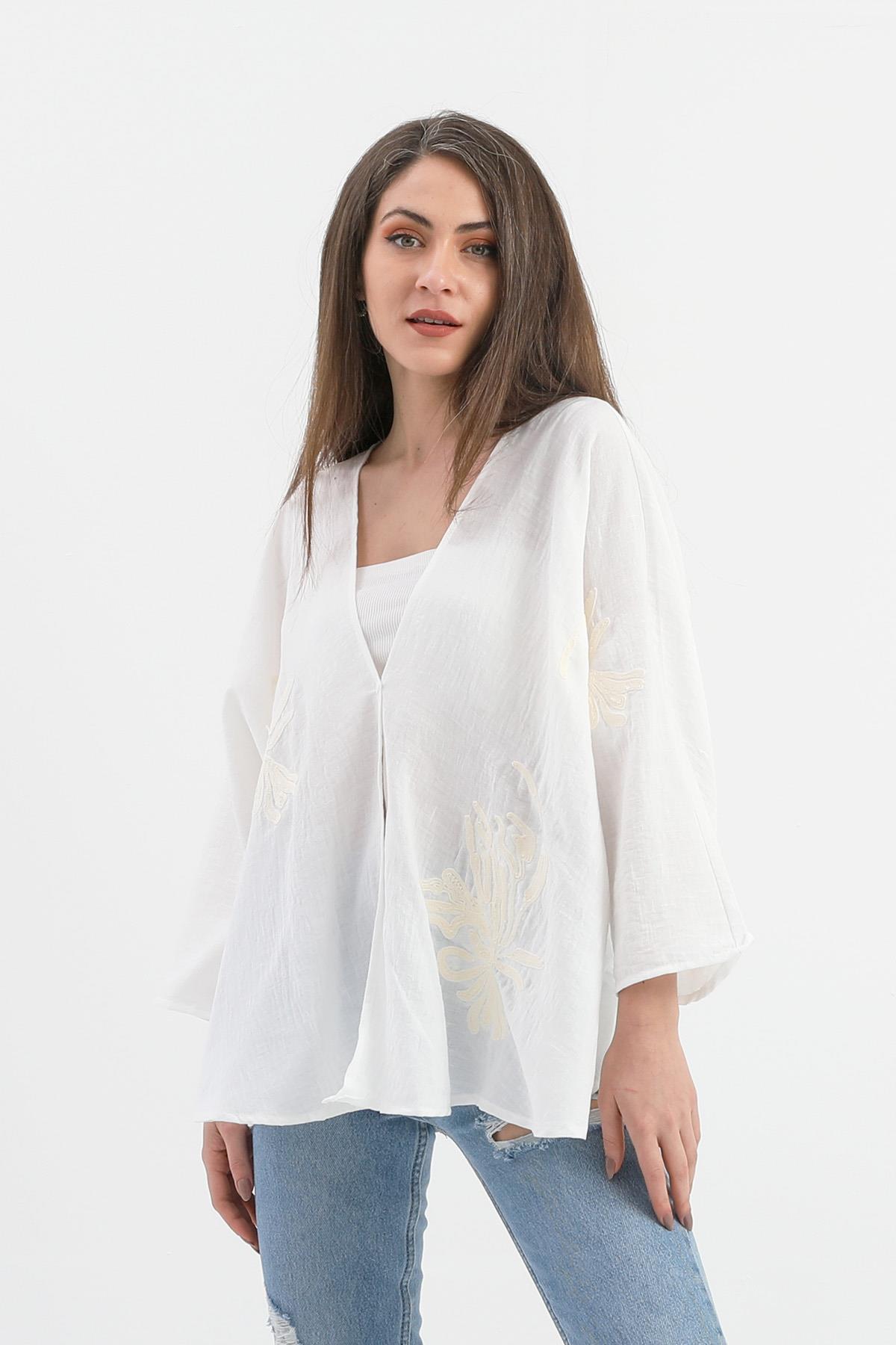 Keten Pul Payet Süzene Nakışlı Kimono - Ekru