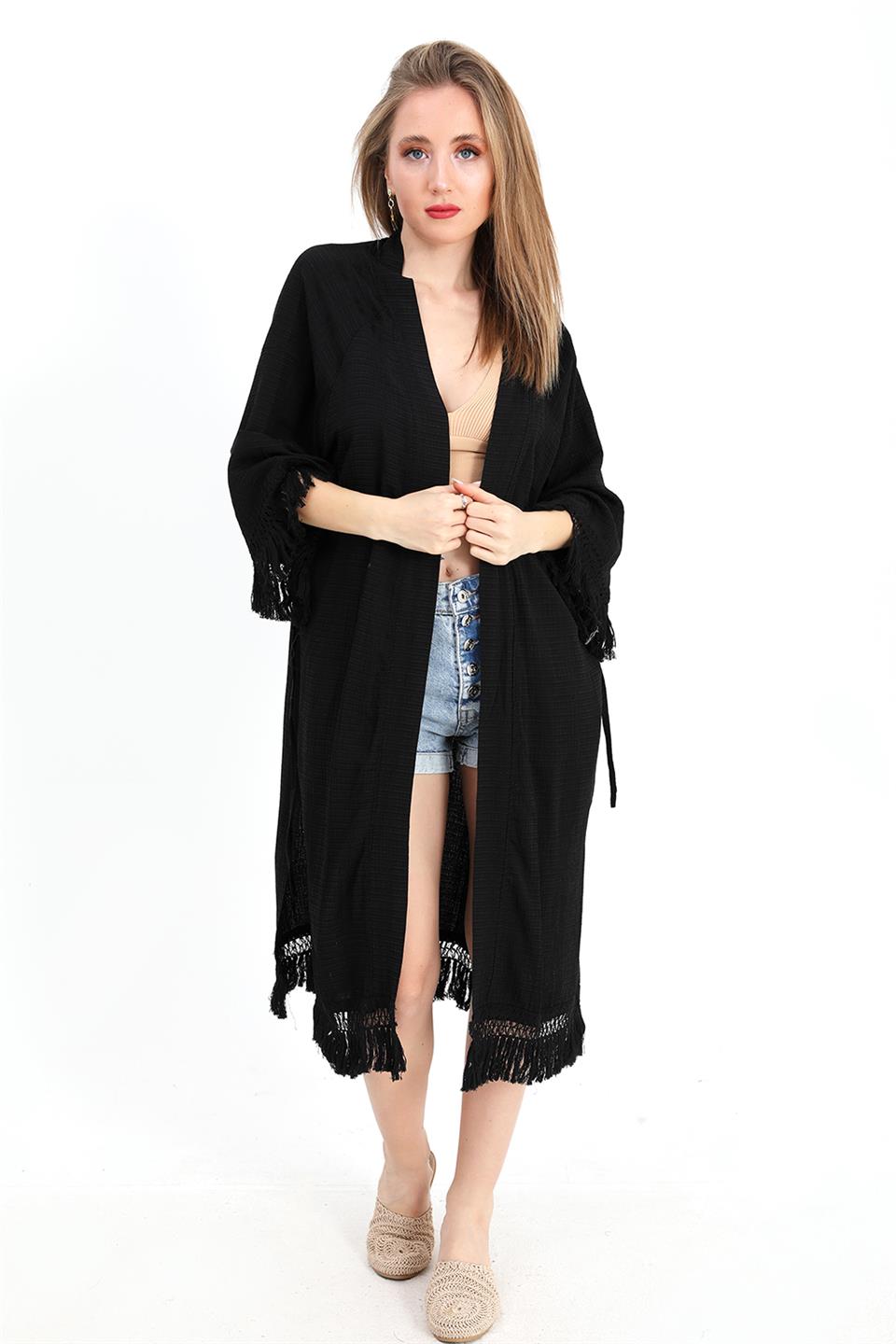 Kimono Palmiye Baskılı Püsküllü - Siyah