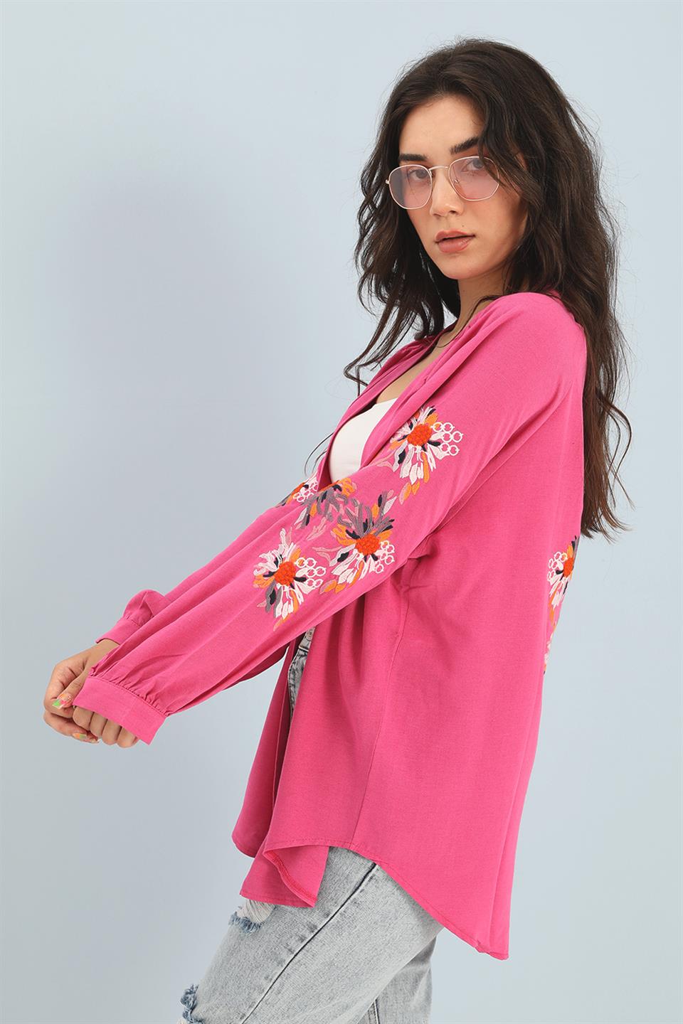 Kimono Reglan Kol Nakışlı Keten - Fuşya