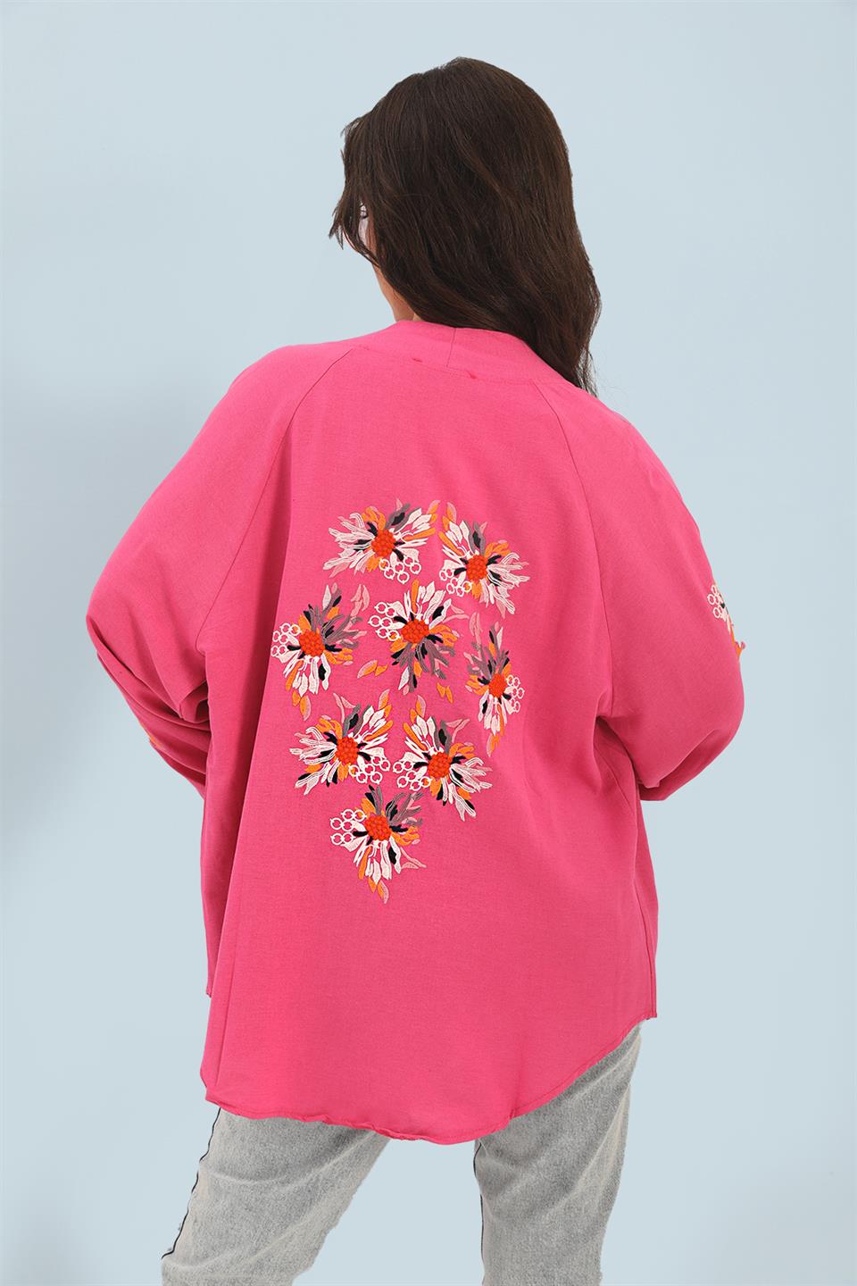 Kimono Reglan Kol Nakışlı Keten - Fuşya