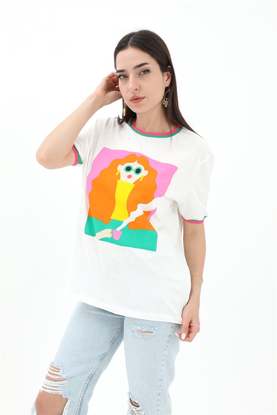 Kız Baskılı T-Shirt - Ekru