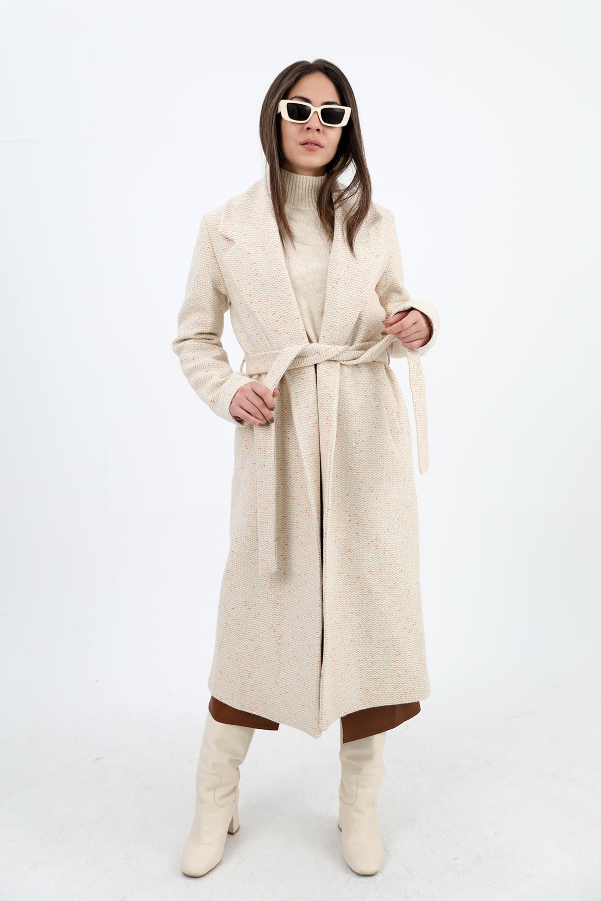 Kruvaze Yaka Fleto Cepli Uzun Kaban - Ekru