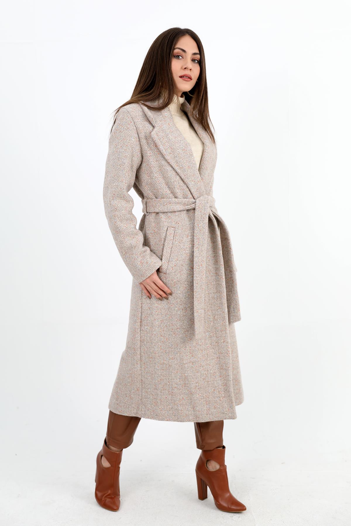 Kruvaze Yaka Fleto Cepli Uzun Kaban - Vizon