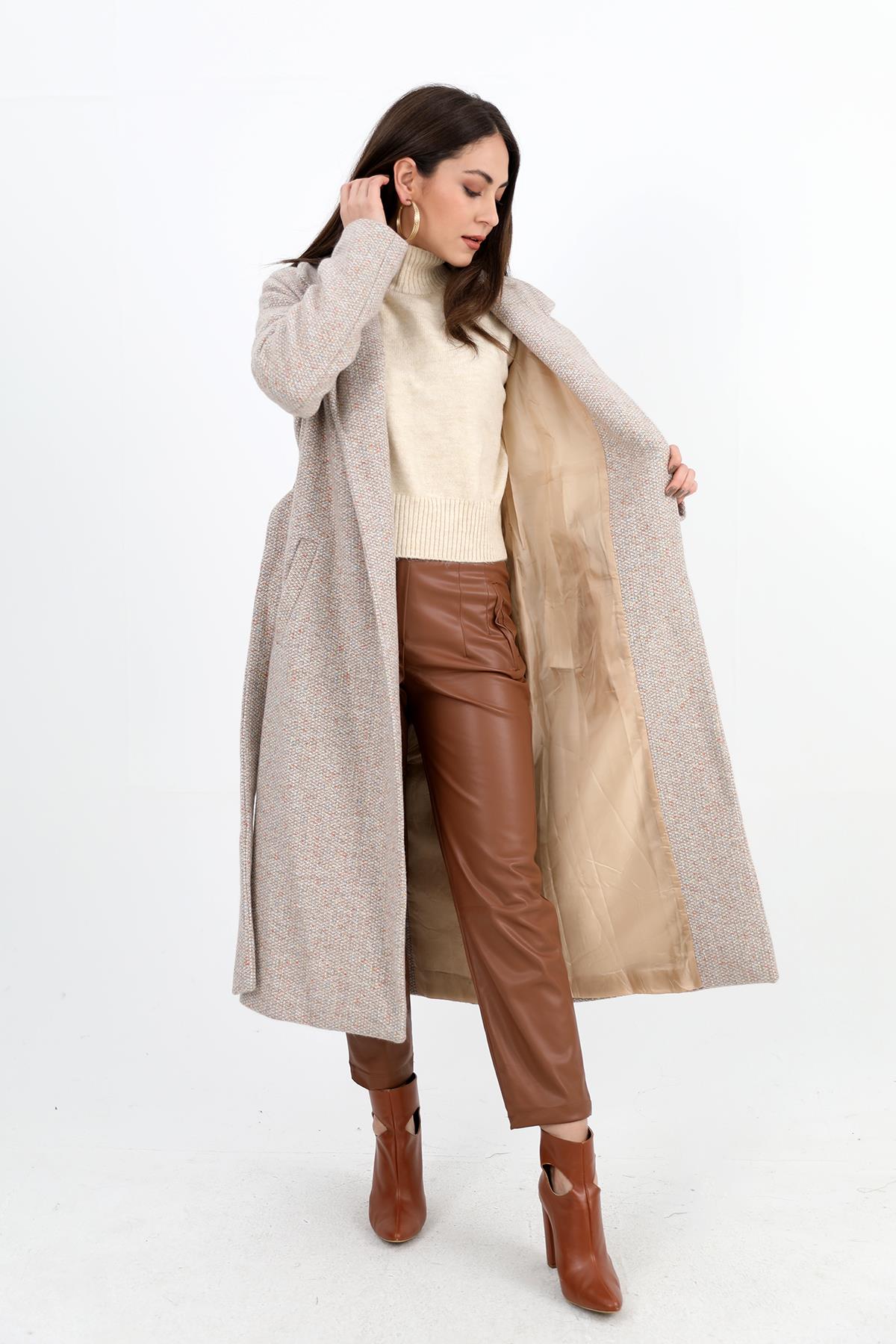 Kruvaze Yaka Fleto Cepli Uzun Kaban - Vizon