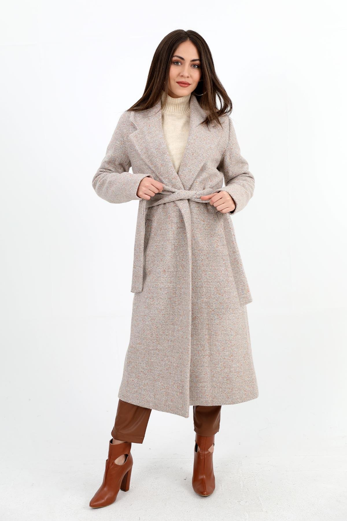 Kruvaze Yaka Fleto Cepli Uzun Kaban - Vizon