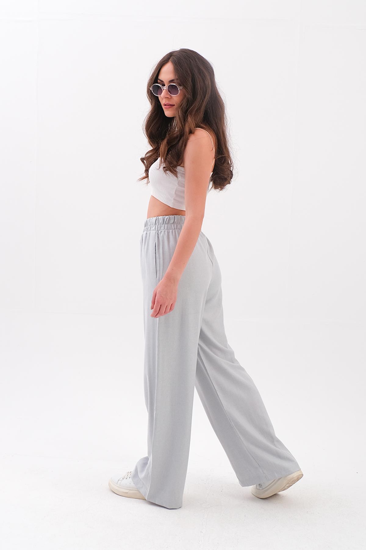 Önü Çimalı Diyagonal Pantolon - Gri