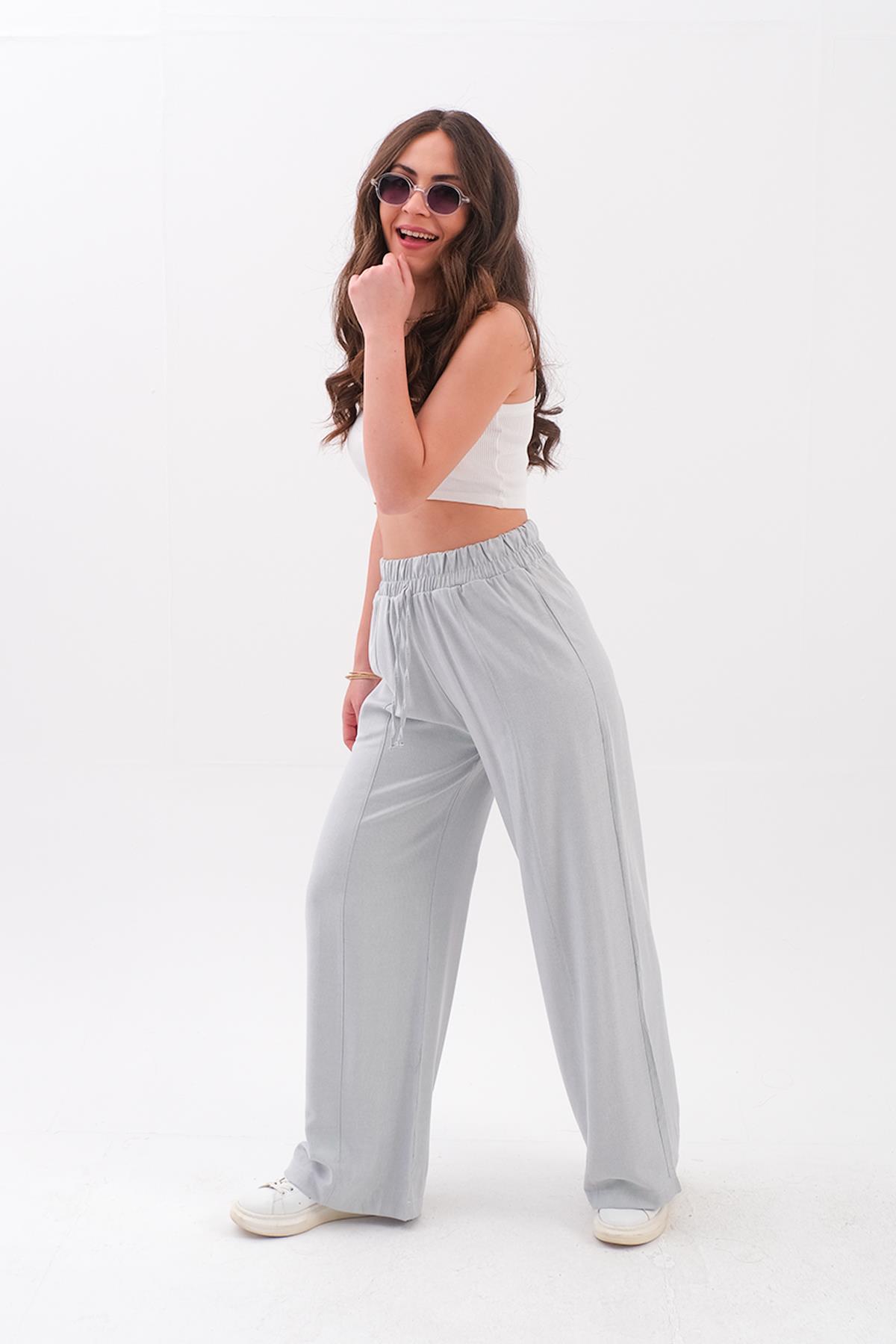 Önü Çimalı Diyagonal Pantolon - Gri